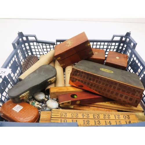 325 - TRAY OF VINTAGE COLLECTABLES INCLUDES WOODEN SLIDE RULERS, MAGNIFYING GLASSES, NAUTICAL TELESCOPE IN... 