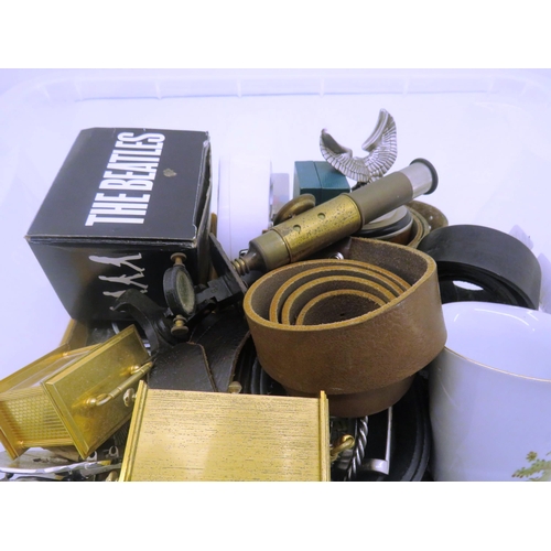 335 - BOX OF COLLECTABLES INCLUDES BELT BUCKLES, MICROSCOPE, MINIATURE BRASS CARRIAGE CLOCKS