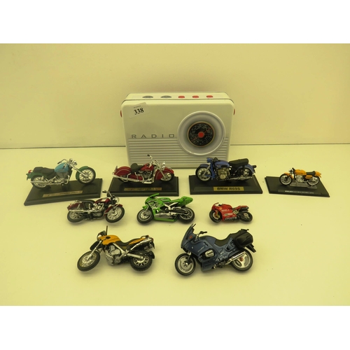 338 - NOVELTY RADIO TIN WITH DIECAST MOTORBIKES