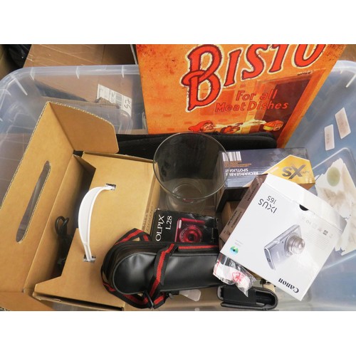 321 - BOX OF MISCELLANEOUS, MERLIN HOME, TRANSMITTER BOXED AS NEW- RECHARGEABLE SPOTLIGHT, BISTRO SIGN ETC