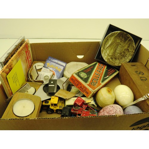 38 - BOX OF COLLECTABLES DOMINOES, RAZOR, PENS, VINTAGE CARS, COINS, BADGES ETC