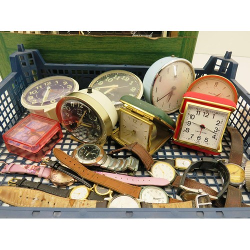 39 - TRAY OF ALARM CLOCKS, WESTCLOCK ETC AND WATCHES AND GOBLIN TEASMAID