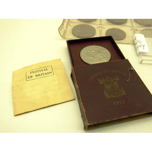 88 - FOLDER WITH 11 CROWNS, FESTIVAL OF BRITAIN CROWN AND WWI MEDAL TO GUNNER J.D.DRIVER