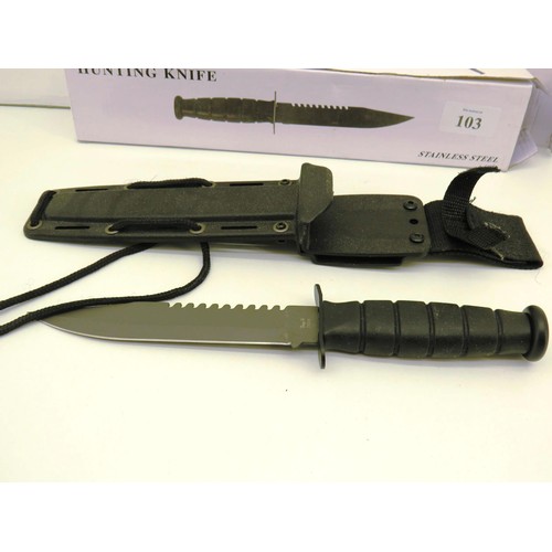 103 - STAINLESS STEEL HUNTING KNIFE WITH SHEATH - NEW AND BOXED