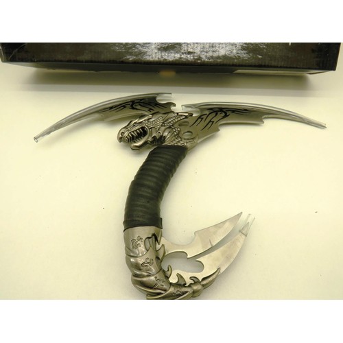 107 - ORNAMENTAL THREE BLADED DRAGON DAGGER 33CM- NEW AND BOXED