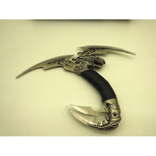 107 - ORNAMENTAL THREE BLADED DRAGON DAGGER 33CM- NEW AND BOXED