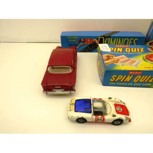 138 - TRAY OF COLLECTABLE CARS AND GAMES INCLUDING RARE LUCKY TOYS No.144 TOY CAR MADE IN HONG KONG AND FI... 