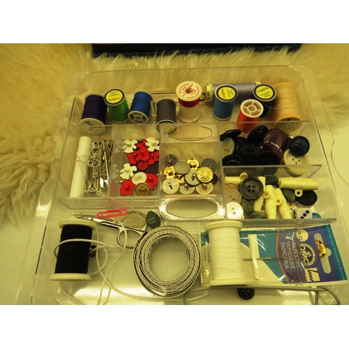 153 - SEWING BOX AND CONTENTS- SHEEPSKIN RUG AND EMBROIDERED PICTURE