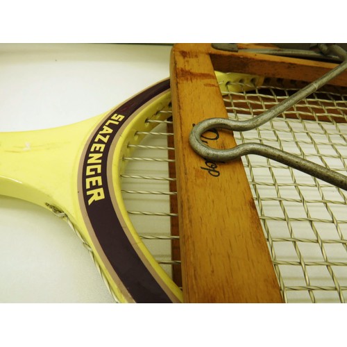 158 - THREE VINTAGE RACKETS - WISDEN AND SLAZENGER, TWO WITH VINTAGE DUNLOP BRACE CASES