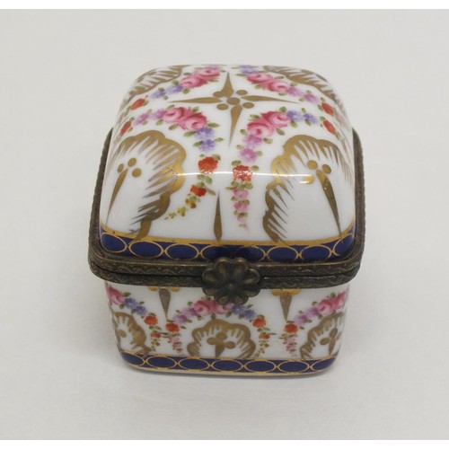 92 - LIMOGES FRANCE PORCELAIN PERFUME SCENT BOX WITH FOUR GLASS BRASS TOP PERFUME BOTTLES HEIGHT 4cm x WI... 