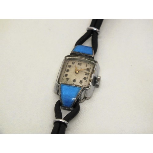 96 - VINTAGE BLUE GUILLOCHE ENAMEL LADIES ROTARY WATCH