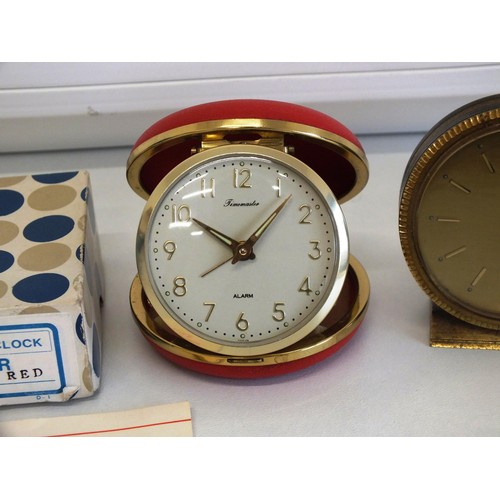 132 - 3 x VINTAGE TRAVEL CLOCKS, TWO GERMAN EUROPA 7 JEWELS AND VINTAGE TIMEMASTER IN ORIGINAL BOX WITH GU... 