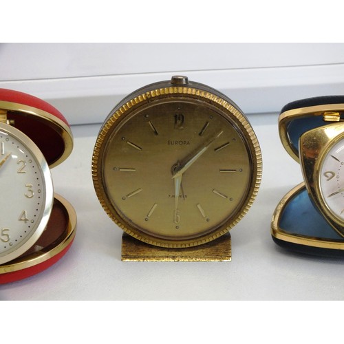 132 - 3 x VINTAGE TRAVEL CLOCKS, TWO GERMAN EUROPA 7 JEWELS AND VINTAGE TIMEMASTER IN ORIGINAL BOX WITH GU... 