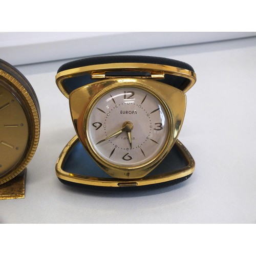 132 - 3 x VINTAGE TRAVEL CLOCKS, TWO GERMAN EUROPA 7 JEWELS AND VINTAGE TIMEMASTER IN ORIGINAL BOX WITH GU... 