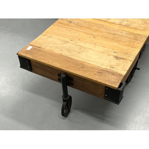 162 - RUSTIC BRITISH REID INDUSTRIAL STYLE COFFEE TABLE - 46.5” x 27.5” AND 17” TALL