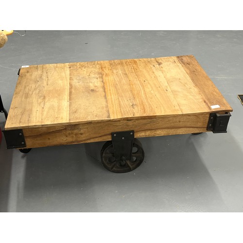 162 - RUSTIC BRITISH REID INDUSTRIAL STYLE COFFEE TABLE - 46.5” x 27.5” AND 17” TALL