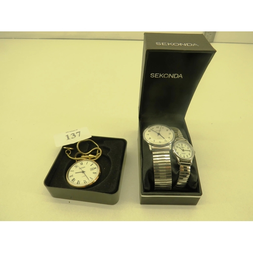 137 - 3 x SEKONDA WATCHES, QUARTZ AND WIND JEWELLED POCKET WATCH WITH CHAIN AND FOB