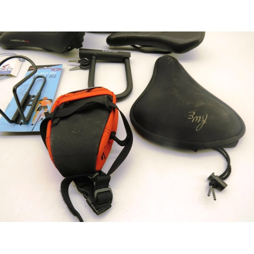 140 - SELECTION OF CYCLING ITEMS INCLUDES SEATS, HELMET, PEDALS AND LOCKS