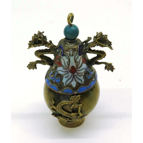 145 - ANTIQUE CHINESE BRONZE AND CLOISONNE ENAMEL SNUFF BOTTLE WITH SCOOP - HEIGHT 8cm