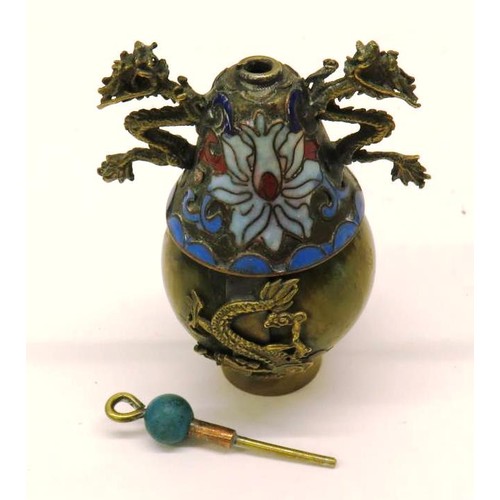 145 - ANTIQUE CHINESE BRONZE AND CLOISONNE ENAMEL SNUFF BOTTLE WITH SCOOP - HEIGHT 8cm