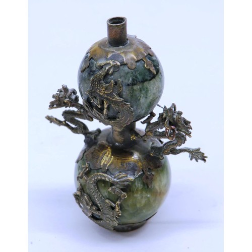 146 - ANTIQUE CHINESE SNUFF BOTTLE WITH WHITE METAL DRAGON DESIGN - MARKINGS TO THE BASE