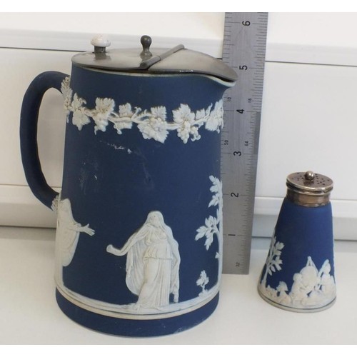 377 - TWO WEDGEWOOD JASPERWARE ITEMS , JUG AND SIFTER