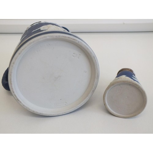 377 - TWO WEDGEWOOD JASPERWARE ITEMS , JUG AND SIFTER