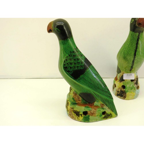 319 - PAIR OF CHINESE FAMILLE VERTE PORCELAIN PARROTS - AS FOUND, HEIGHT 12