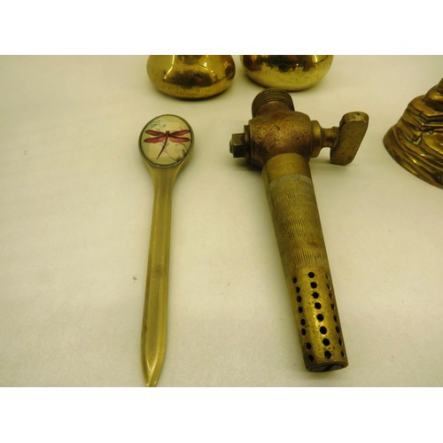 200C - FOUR ITEMS OF BRASS INCLUDES MINER, 7lb AND 4lb WEIGHTS AND BEER TAP