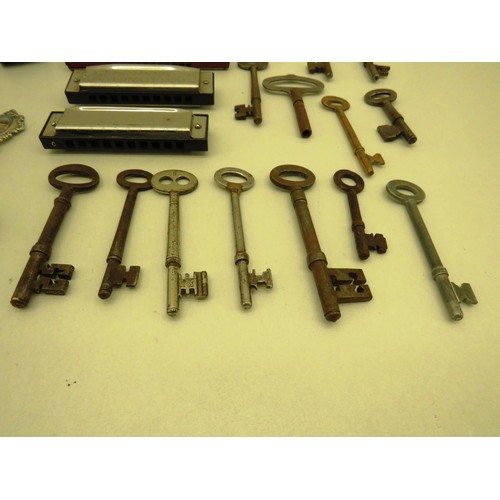 37 - TRAY OF METALWARE INCLUDES HARMONICAS, KEYS, TOFFEE HAMMERS AND TANKS