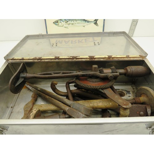 49 - STAINLESS STEEL TOOL BOX AND OLD TOOLS, METAL FISH SIGN AND OLD IRON