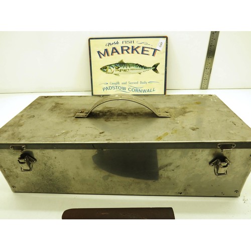 49 - STAINLESS STEEL TOOL BOX AND OLD TOOLS, METAL FISH SIGN AND OLD IRON