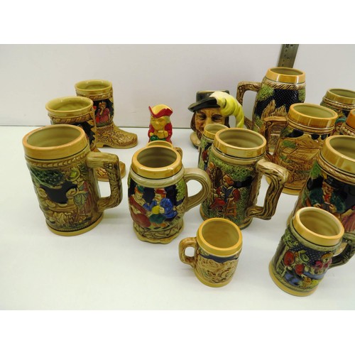 59 - 15 x GERMAN STYLE CERAMIC STEINS VARIOUS SIZES PLUS TWO TOBY JUGS