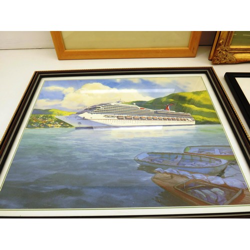 72 - FOUR PICTURES INCLUDES ABSTRACT WATERCOLUR CRUISE SHIP, GILT FRAMED STREET PHOTOGRAPH TWO LIVERPOOL ... 