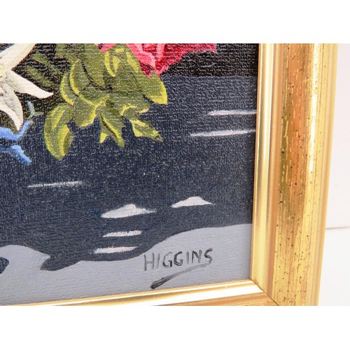 84 - OIL ON BOARD PAINTING FLORAL BOUQUET SIGNED HIGGINS SIZE 31 x 26CM