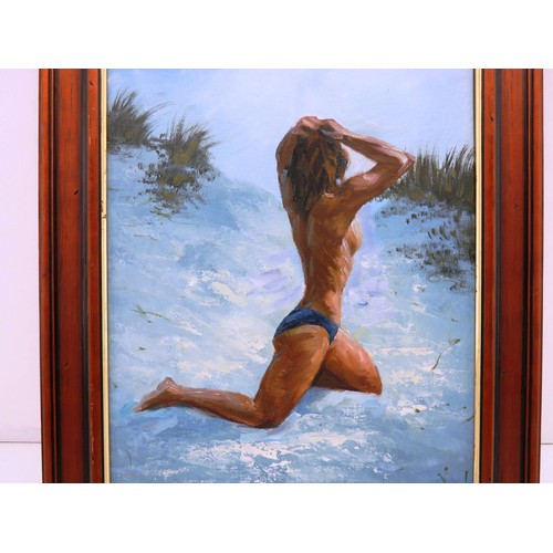 86 - OIL ON CANVAS- SEMI NUDE LADY ON BEACH SIGNED L MACKE- SIZE 53