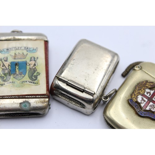 427 - 4 x Antique / Vintage TOBACCIANA Vesta Cases Inc BRASS, Enamel, Whitley Bay Souvenir, Etc