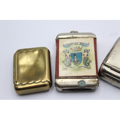 427 - 4 x Antique / Vintage TOBACCIANA Vesta Cases Inc BRASS, Enamel, Whitley Bay Souvenir, Etc