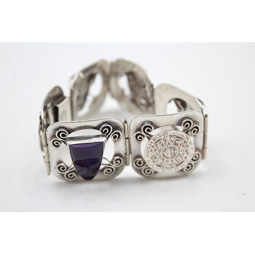 466 - .925 Mexico Silver Amethyst Set Panel Bracelet (44g)