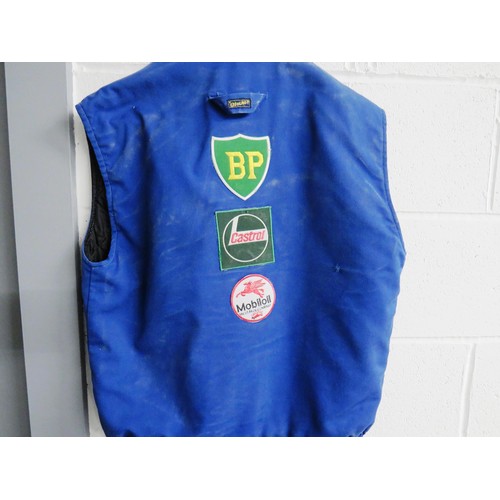 340 - OTSCHER BLUE GILET WITH PATCHES INCLUDES BP, CASTROL, SHELL AND TEXACO SIZE 44/46