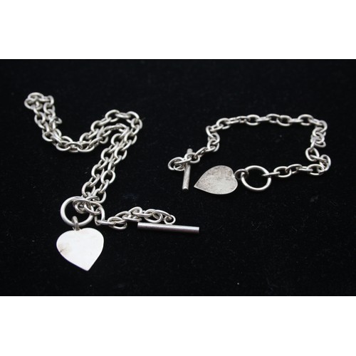 502 - .925 T Bar Necklace And Bracelet With Heart Charms (49g)