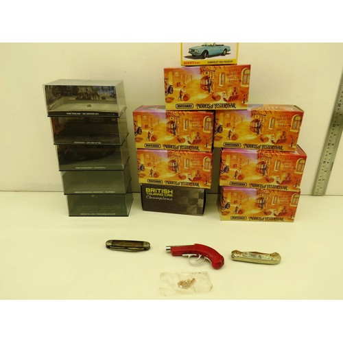 344 - 10 x SELECTION OF EMPTY DIECAST BOXES INCLUDES JAMES BOND TWO POCKET KNIVES AND PISTOL STYLE LIGHTER