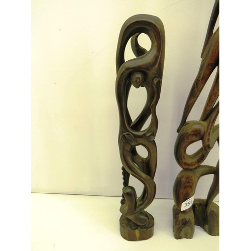 351 - TWO VINTAGE HAND CARVED WOOD AFRICAN STATUES