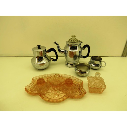 363 - VICTORY WARE PLATED TEA, COFFEE, MILK, SUGAR AND PINK GLASS DRESSING TABLE SET