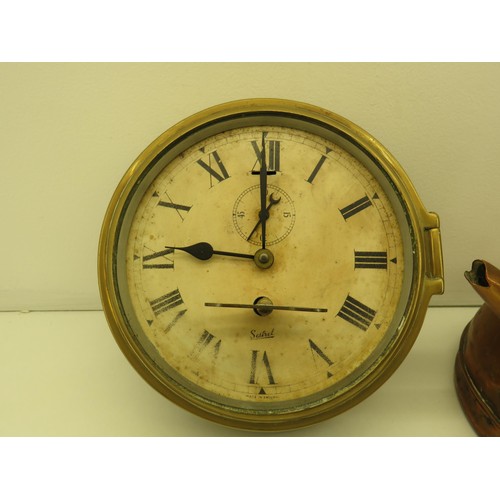 376 - BRASS SESTREL SHIPS CLOCK BULKHEAD MECHANICAL WIND FROM HUMBER BARGE WITH KEY IN WORKING ORDER MISSI... 