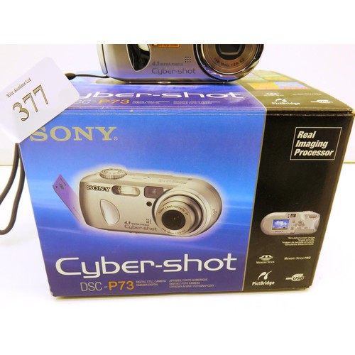 377 - SONY CYBER - SHOT CAMERA IN GOOD WORKING ORDER BOXED WITH CASE CHARGER,  INSTRUCTIONS AND TWO SD CAR... 