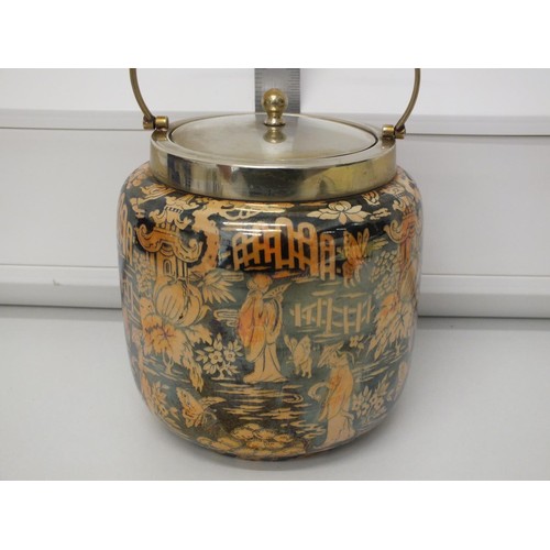 366 - ORIENTAL THEME GLAZED BLACK AND ORANGE NEWPORT POTTERY BURSLEM WARE BISCUIT JAR