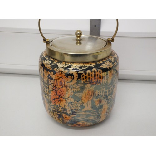 366 - ORIENTAL THEME GLAZED BLACK AND ORANGE NEWPORT POTTERY BURSLEM WARE BISCUIT JAR