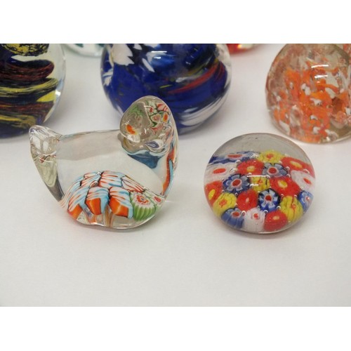 368 - ASSORTED GLASS PAPERWEIGHTS - SEVEN LARGE AND SIX SMALL ANIMAL SHAPED INCLUDES MILLEFIORI