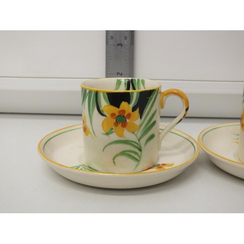 379 - SET OF THREE ART DECO HAND PAINTED COFFEE CUPS AND SAUCERS DAFFODIL PATTERN- J&G MEAKIN